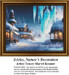 An ice-covered town is depicted with sparkling icicles and snow, reimagined as a counted cross stitch pattern.