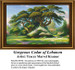 A large counted cross stitch depicting a majestic Cedar of Lebanon surrounded by smaller trees and colorful flowering shrubs in a serene landscape.