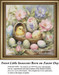A baby chick hatches from an egg surrounded by pastel flowers and speckled Easter eggs in this counted cross stitch project, celebrating new life.