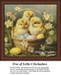 Three baby chicks sit in a basket surrounded by pastel Easter eggs and yellow flowers, perfect for your next cross stitch project.