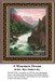 A strong emerald river flows through red-hued mountains with lush green vegetation, formed into a cross stitch design by Ilya Zankovsky.