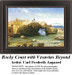 Rocky boulders line coastal waters with Mt. Vesuvius in the distance, preserved as a counted cross stitch pattern by Carl Frederik Aagaard.