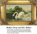 A mother swan swims in a tranquil lake with her babies nearby, framed by lush trees and a gazebo in the background, shown as a cross stitch pattern.
