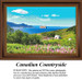 A panoramic landscape cross stitch design shows blue skies with clouds, green hills with pink wildflowers, and a white cottage near the azure water.