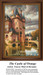 A tall castle with orange hues rests beside a still moat, surrounded by trees, designed as a PDF chart by Tracey Marvel Kramer for cross stitch.