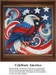 A Bald Eagle in red, white, and blue stands against a background of stars and swirls, framed as a counted cross stitch chart.