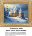 A castle covered in snow, with steeples and turrets, nestled among tall pines, presented as a PDF chart for cross stitch.
