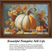 A white pumpkin with orange stripes sits among autumn leaves and flowers, designed as a counted cross stitch design on aida cloth.