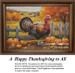 A proud Tom turkey stands among pumpkins, framed by a rustic fence and autumn trees, depicted as a counted cross stitch chart.