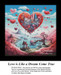 A large heart filled with colorful buildings and floating hearts creates a whimsical scene, designed as a xstitch kit by Sunrays Creations.