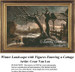A winter landscape depicts a large frost-covered tree with two figures hastily moving toward a cottage, created as a counted cross stitch pattern.