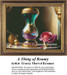 A vibrant urn with emerald and turquoise hues, accented by gold, sits beside a soft mauve rose, offered as a counted cross stitch design.