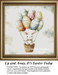 A little white bunny sits in a basket of a hot air balloon, surrounded by colorful painted egg-shaped balloons in this downloadable pattern.