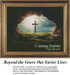 A cave opening with a wooden cross illuminated by divine light and surrounded by greenery and water come to life as a counted cross stitch design.