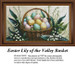 A wicker basket filled with pastel-dyed Easter eggs, surrounded by lily of the valley flowers, is depicted in this BAP cross stitch pattern.