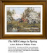 A serene landscape with a red mill by a stream and two flowering trees, ready for your next cross stitch project!