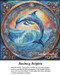 A large dolphin leaps above the waves inside a circular frame with aquamarine gemstones, captured as a counted cross stitch pattern.