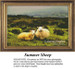 Two sheep stand close together in a green meadow on an overcast day, designed as a cross stitch project with DMC floss for detail.