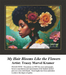 A woman with an afro hairstyle adorned with flowers, translated into a counted cross stitch design that celebrates her beauty.