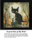 A black cat with golden eyes sits on a tombstone in a graveyard, surrounded by trees and autumn foliage, in this counted cross stitch pattern.