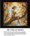 A fairy with translucent wings sits on a branch, playfully catching autumn leaves in a cross stitch kit, surrounded by vibrant autumn foliage.