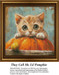 A curious kitten peeks over a large pumpkin, its big eyes wide with wonder, in this PDF pattern perfect for fall stitching.