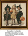 Three children dressed in Halloween costumes hold jack-o-lantern buckets, preserved as a counted cross stitch pattern for festive fun.