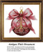 A pink ornament with a large satin bow and golden details is captured as a counted cross stitch pattern.