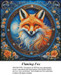 A sly fox with vibrant orange and red fur sits in a circular design surrounded by flowers and a deep blue background, available as a PDF pattern.