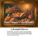 A long table covered in a white tablecloth is filled with pumpkins, corn, and autumn leaves, preserved as a counted cross stitch pattern.