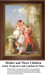 A mother leans down to kiss her child while holding another, surrounded by a serene garden, composed as a counted cross stitch pattern.