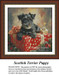 A Scottish Terrier puppy rests on a large red and gold gift, surrounded by smaller presents, in this cross stitch pattern available as a digital file.