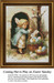 A little girl with bunny ears opens a door to her Easter basket with eggs and a rabbit, brought to life as a counted cross stitch pattern.