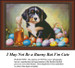 A timid black, brown, and white puppy surrounded by colorful Easter eggs and a decorative bottle in this counted cross stitch pattern.