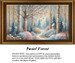 A serene forest scene in pastel shades, featuring tall trees and a small cottage in the distance, designed as a counted cross stitch design.