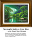 A vibrant waterscape with glowing green trees beside a reflective river under a dramatic sky, offered as a counted cross stitch kit.