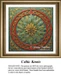 A Celtic Knots counted cross stitch pattern features an antique golden flower surrounded by green leaves, encircled by red knotted ties.