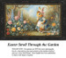 A rabbit in a blue dress and pink bonnet strolls through a flower garden, translated into a counted cross stitch design.