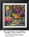 A yellow spotted frog rests among pink water lilies and purple tulips, brought to life as a counted cross stitch pattern.
