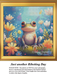 A cute, whimsical green frog sits on a mossy stone surrounded by a field of pastel yellow, orange, and purple wildflowers under a soft, dreamy blue background in a charming cross-stitch pattern.