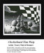 Surrealist monochrome counted cross stitch design titled Checkerboard Time Warp, featuring a warped landscape with a checkerboard flag, a whimsical castle, and spherical trees; a high-contrast black and white xstitch pattern.