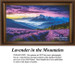 Lavender in the Mountains cross stitch pattern featuring purple flowers, misty mountains and vibrant sunset sky