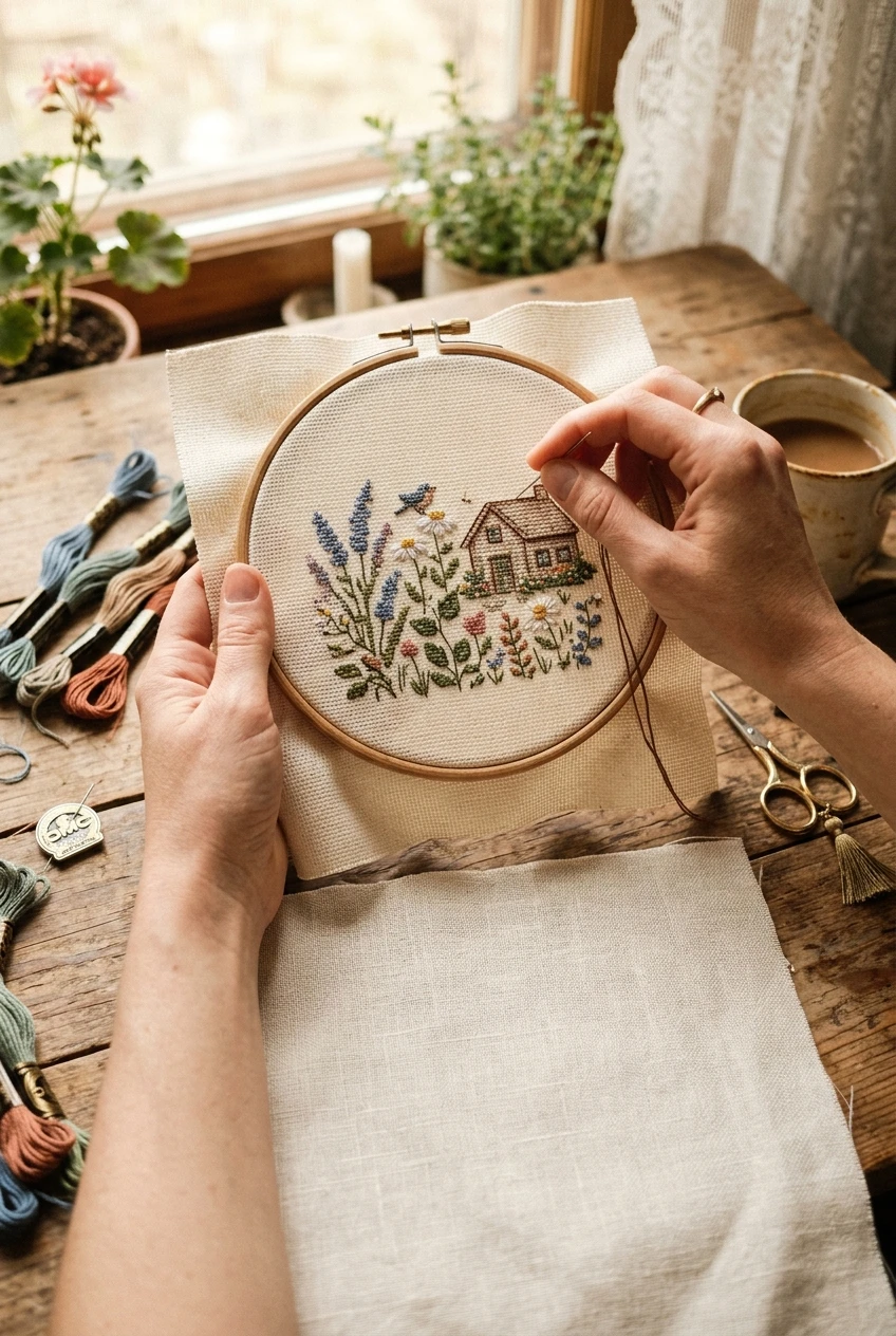 Hands adding backstitch outlining to a cross stitch piece in a wooden hoop on Aida