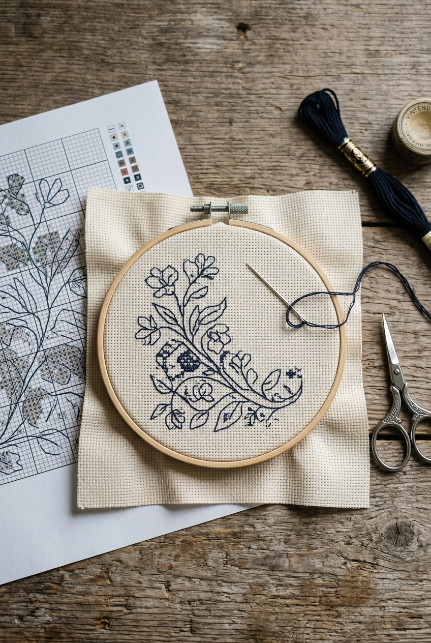 Cross stitch chart, fine needle, scissors and hooped Aida showing partial backstitch outlining