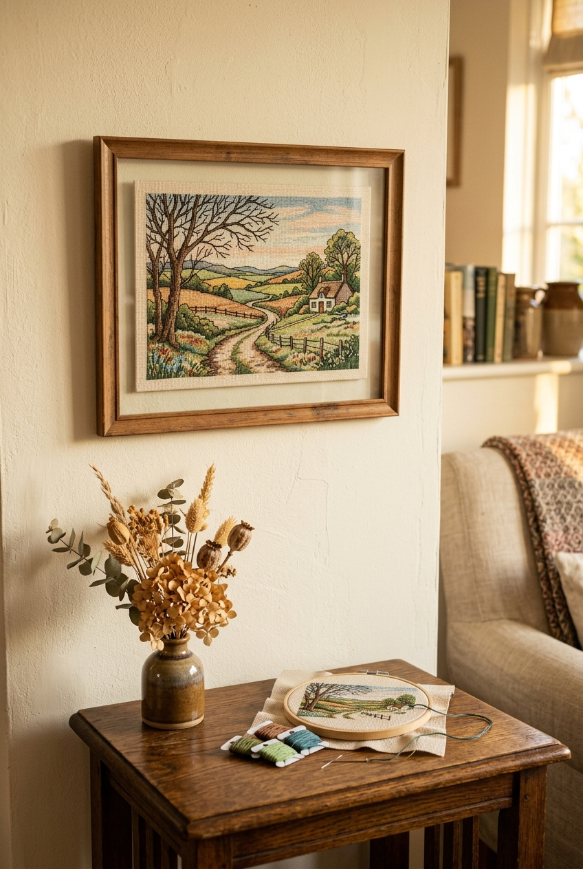 Finished framed cross stitch wall art with crisp backstitch detail hanging in warm light