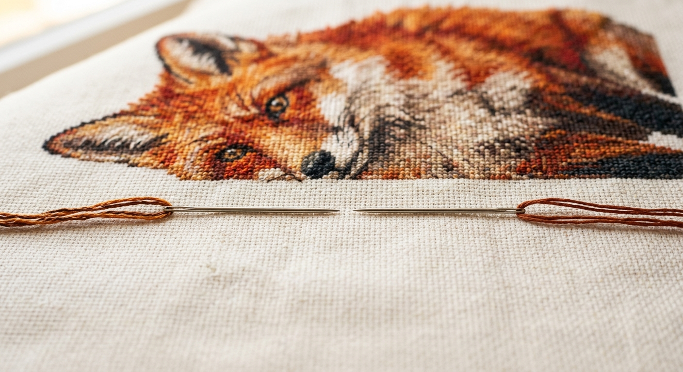 Two cross stitch needles on fabric, one blended thread and one solid color, warm natural light