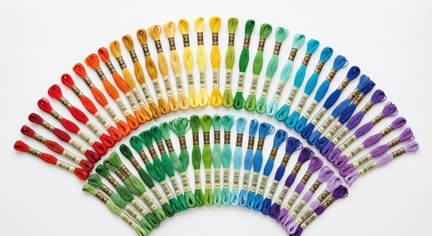 Fifty DMC embroidery floss skeins arranged in full color gradient fan on white surface
