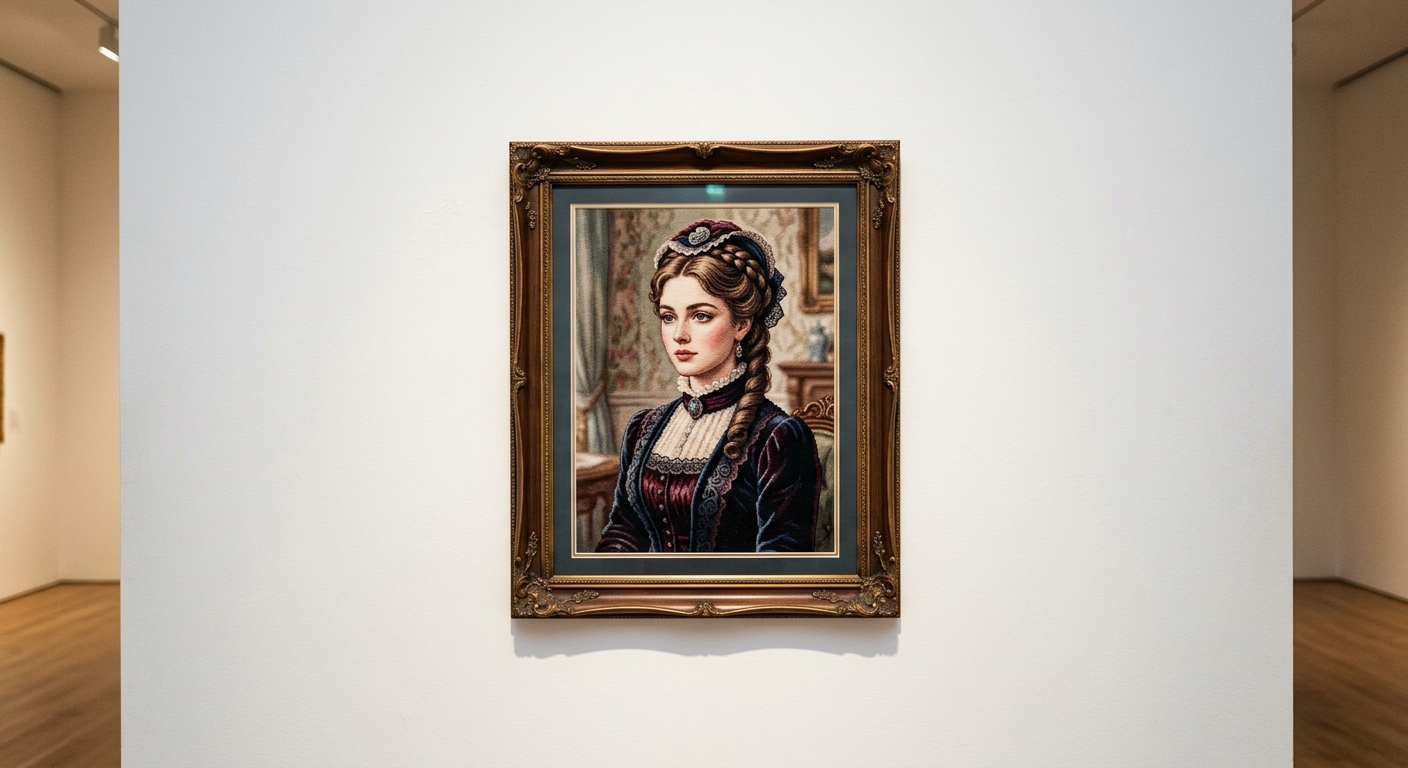 Framed photorealistic Victorian cross stitch portrait on white gallery wall with warm soft lighting