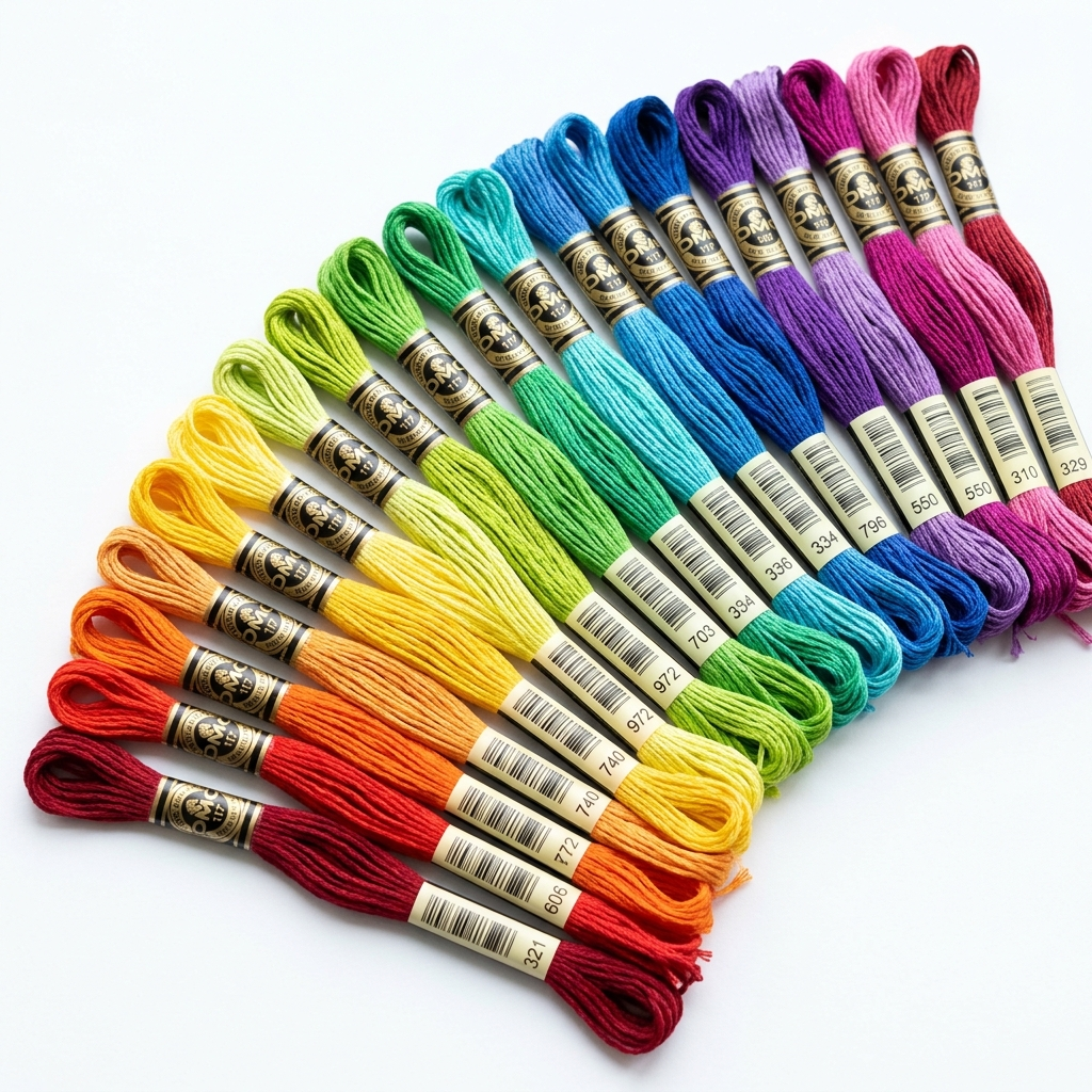 Colorful DMC embroidery floss skeins in rainbow fan spread on clean white background