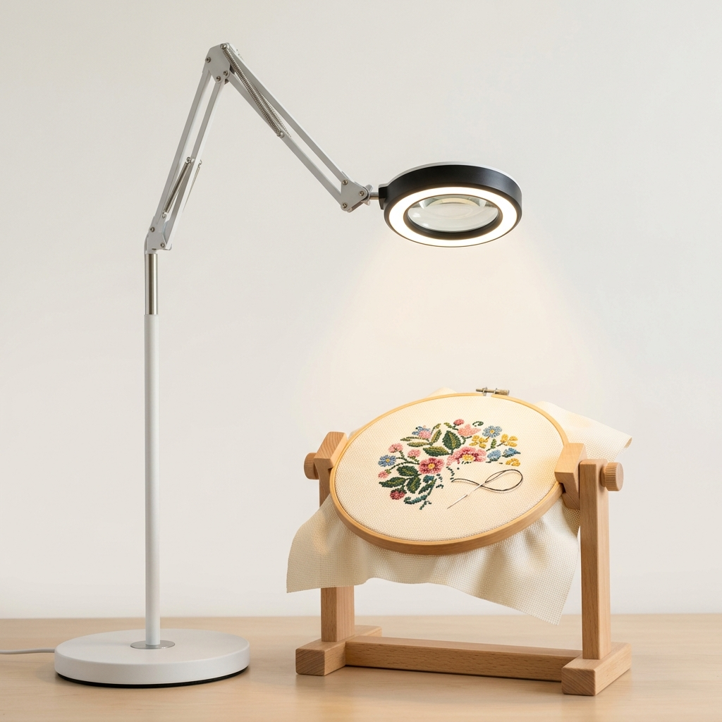Daylight LED magnifier floor lamp illuminating cross stitch hoop on stand, clean editorial style